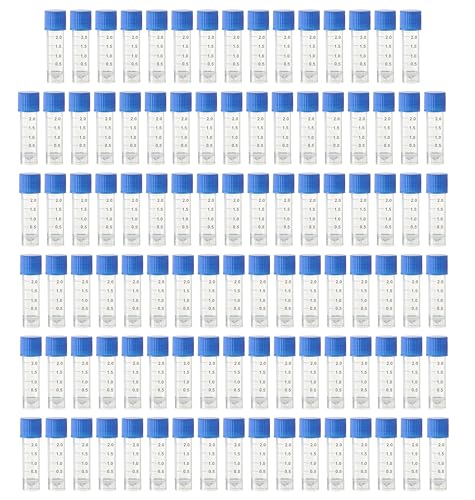HUAZIZ Lot de 100 Bleu Tubes à Essai en Plastique 2 ML Gradué avec Bouchon à Vis pour Laboratoire, Cryotubes En Plastique Tubes Cryogéniques Gradués Tube...