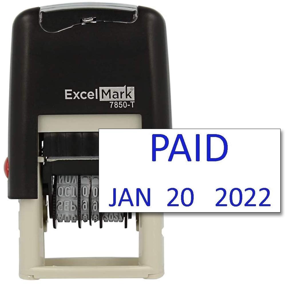 ExcelMark Paid - Self-Inking Rubber Date Stamp - Compact Size (Blue Ink)