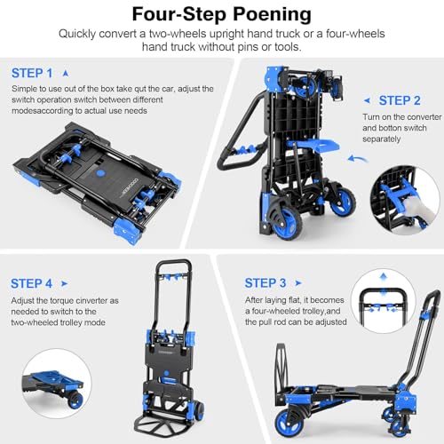 Image of Heavy Duty 330lbs Folding Hand Truck, 2 in 1 Alu Foldable Dolly, Blue
