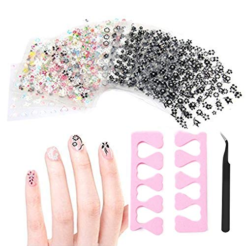 Nail Kit Nail Art,50 Sheets 3D Black White Colour Flower Nail Art Stickers Decals Stamping DIY Decoration Tools for Nail Art Design With Free Gift Tweezers and Finger Toe Separator