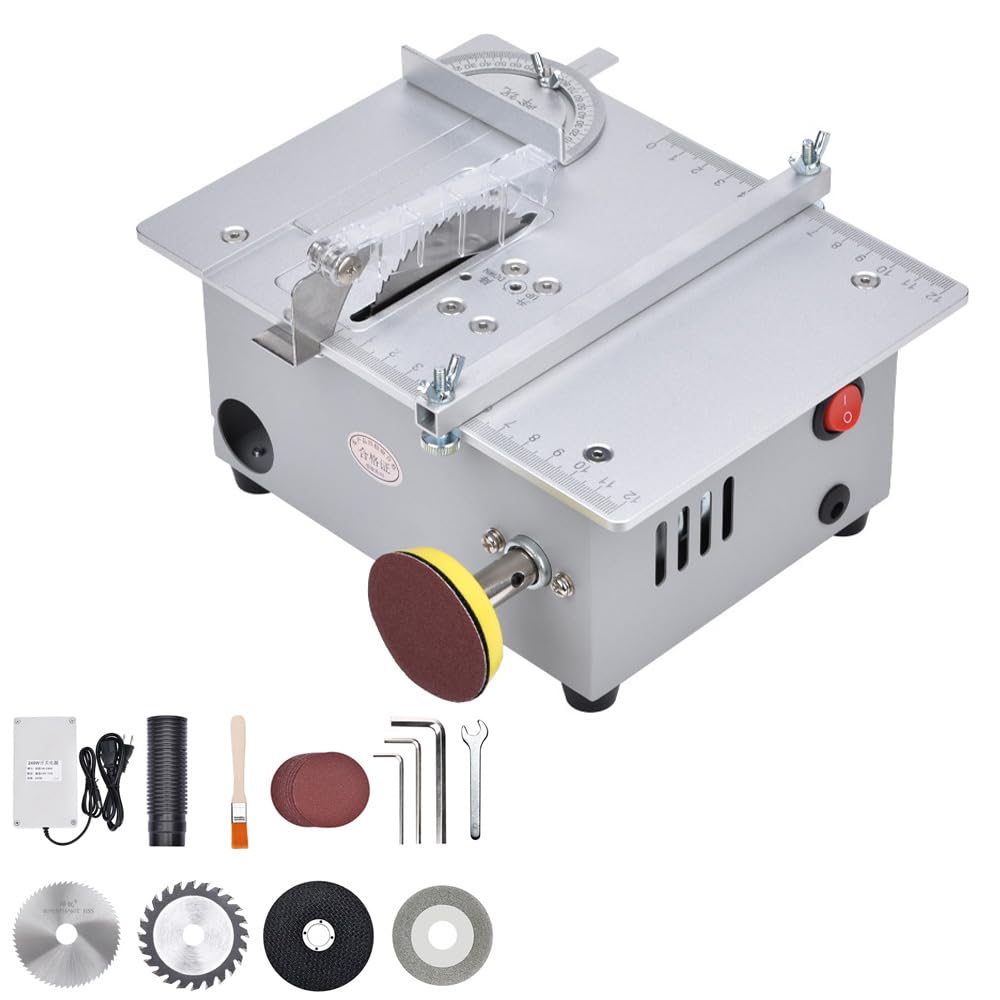 Mini scie circulaire de table avec ponceuse à bande, scie de table réglable, portable précision avec 4 lames et rabat de sécurité, lame de scie de 0,1 à 20 mm