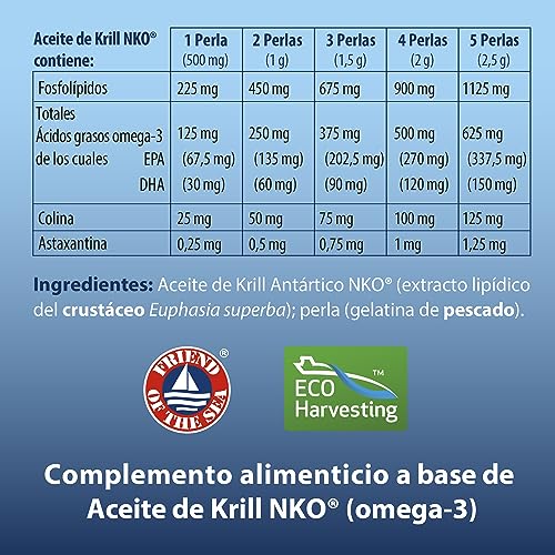 Aceite de Krill Antártico NKO 1000mg - Omega 3 EPA + DHA - 120 Perlas - Con Fosfolípidos, Colina y Astaxantina - 3 Veces Más Biodisponibilidad que Aceite de Pescado - Extracción en Frío - 100% Natural
