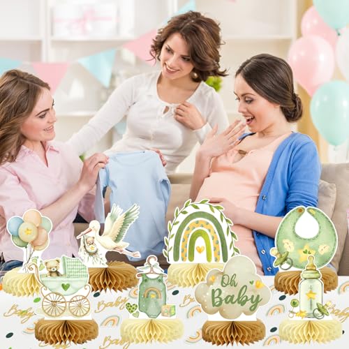 Image of 8Pcs Bear Baby Shower Decorations Honeycomb Centerpieces for Boy, Confetti Baby Shower Table Decorations Birthday Party Table Centerpieces Toppers Party Decor (Green)