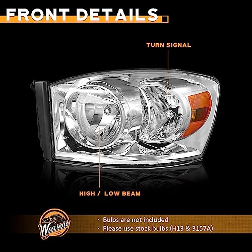 WEELMOTO Headlight Assembly for 2006 2007 2008 Dodge Ram 1500/2500/3500; 2009 Ram 2500/3500 Old Body Style Only Headlamp Replacement Chrome Housing by WEELMOTO - Image 7