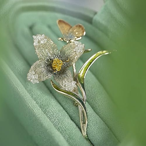 Image of Handmade Embroidery Flower Brooch Pins for Women, SHE'S FREE STYLE JUST FOR YOU Luxury Gradient Stitching Floral Brooch Pins with Crystal stamen, Enamel Metal Butterfly with Green Leaves, Hand Dripping Oil Jewelry pins