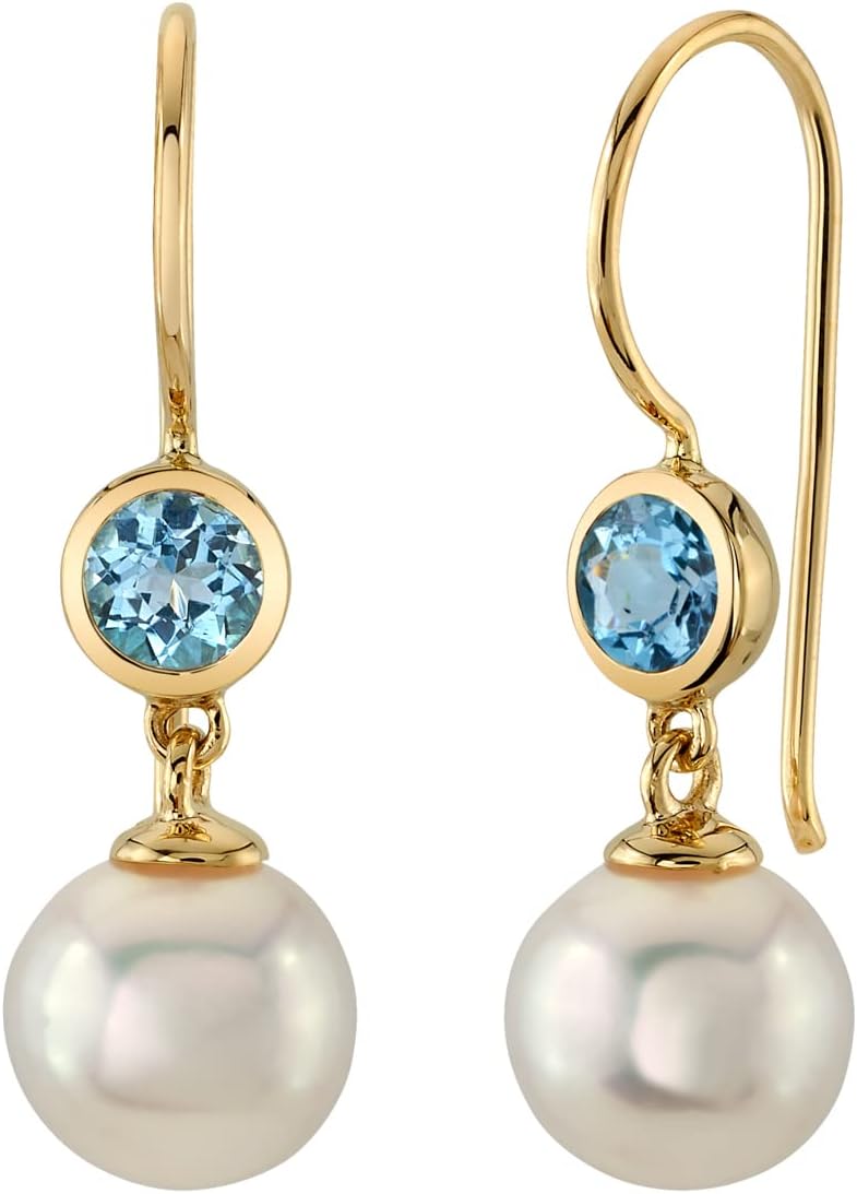 Peora 14K Yellow Gold 8mm Freshwater Cultured White Pearl and Genuine Swiss Blue Topaz Drop Earrings for Women, December Birthstone, Fish Hooks, Sparkling Sky Blue Earrings, Modern, Trendy