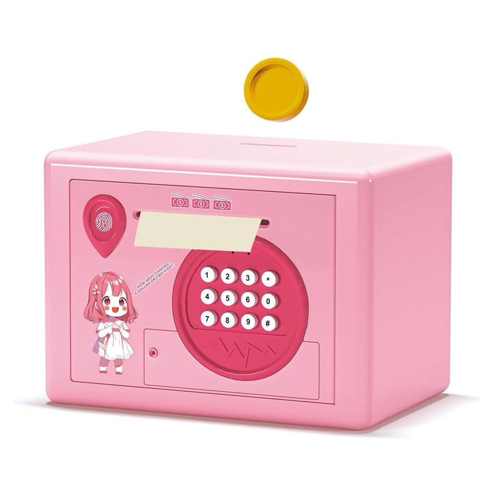 Vjsujehgy Piggy Bank for Kids,Fingerprint Password Money Saving Box,Coin Bank Money Safe ATM Machine Gift for Birthday Pink