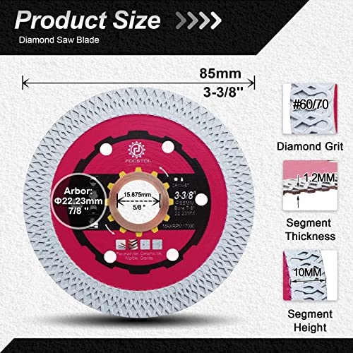 FOCSTOL Diamond Tile Saw Blade - 85mm Cutting Disc for Porcelain Ceramic Tile Marble Granite Quartz Arbor 22.23mm x 15.875mm - Image 2