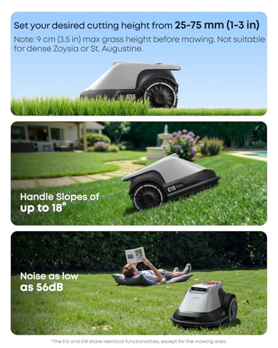 Image of eufy Robot Lawn Mower E15, Auto Mapping,Pure Vision Navigation, Wire Free RTK Free, Multi-Zone Management, AI 3D Obstacle Avoidance, GPS Anti-Theft, 0.2 Acres, 18 Slope, App Control