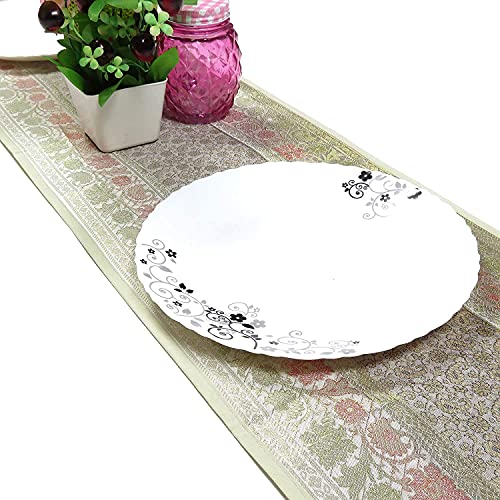 Image of E-EZRA Room Decor Banarasi Silk Handmade Flower V Shape Table Runner Dinning & Centre Table Long Runner Bed Runner Gold Tassels End Size 14 X 80 inches (Grey)