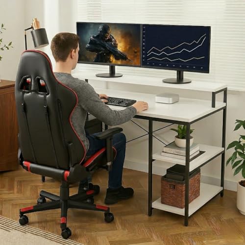 Image of TEKAVO Trio Computer Table for Home Pc | Office Table for Home with Monitor Riser and Keyboard Tray, Laptop Table, Work Table, Study Table, Modern Workstation | White Wood, Metal,(150x60x 75 cm)