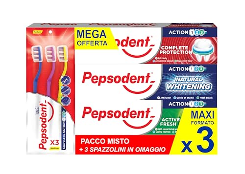 Pepsodent dentifricio 75 ml PACCO MISTO + 3 spazzolini (pacco da 3x75ml)