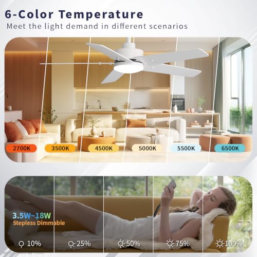 Image of 42 Inch Ceiling Fans with Lights and Remote for Bedroom Living Room Kitchen Home Office Indoor /Outdoor, 6CCT Dimmable, Dual Color 5 Blades, 6 Speed Reversible Quiet DC Motor, White /Wood Grain