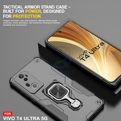 Image of AESTMO Armor Back Cover for Vivo T4 Ultra 5G | Ring Holder & Kickstand & Camera Protection in-Built | 360 Degree Protection Back Case Cover (Black)