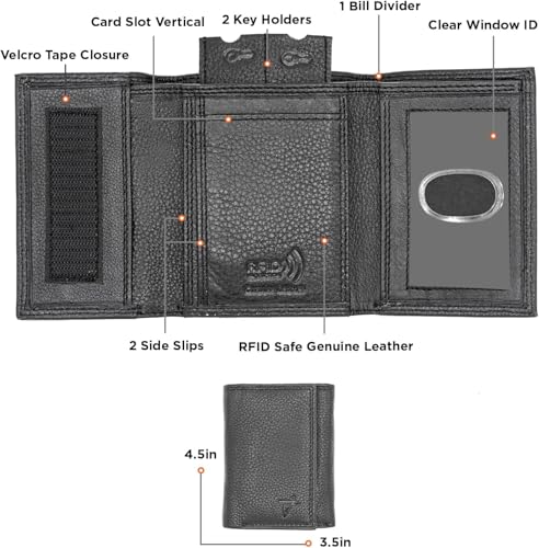 Mens Trifold Wallet RFID Protection Genuine Leather Trifold Wallet Key Holder Velcro's Closure Card Case Holder (J133, Black)2