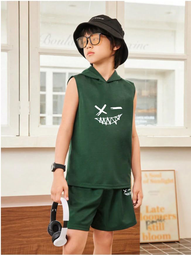Image of Kids Boys Summer 2PCS Outfits Sleeveless Hooded Loose Casual Top Shirt and Elastic High Waist Sports Short Pant Set