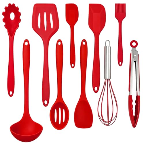 Itian Set de 10 Ustensiles de cuisine en silicone - Pinces, Fouet, Brosse, Spatule, Cuillère, Noodle Spoon, Slotted Spatula, Riz Paddle, Cuiller à soupe, Résistant à la chaleur Utensil de Cuisson
