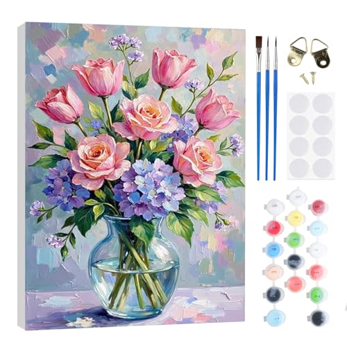 RICUVED Jarrón Flor Pintar por Numeros Adultos Mujer con Marco,Flor DIY Cuadros para Pintar por Numeros con Caballete de Madera, Pintura Acrilica Manualidades Adultos Decoracion 20x30cm