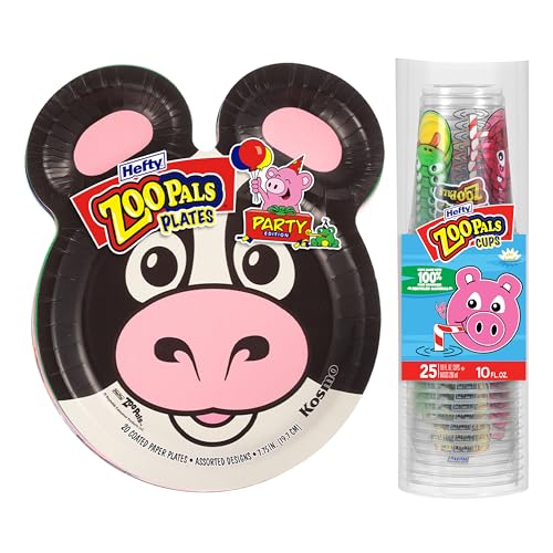 Image of Hefty Zoo Pals Party Editon 7.75 Inch Paper Plates with Two Dipping Compartments and 10 Fl. Oz. Plastic Cups for Parties or Everyday Use (20 plates, 25 cups)