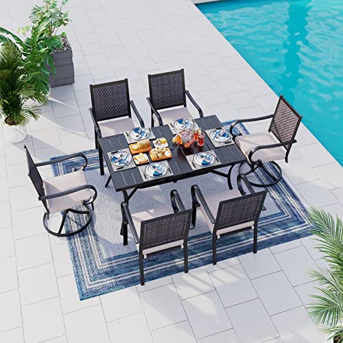 Hera's House 7 Pieces Wicker Patio Dining Set, Rattan Outdoor Furniture Set For 6, 4 Dining Chairs, 2 Swivel Chairs, 1 Rectangular Metal Dining Table, All Weather Resistant For Lawn Garden Backyard #TOP7