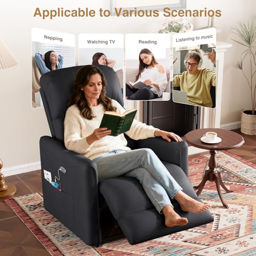 Power Recliner Chair, Reclining Chair, PU Leather Small Recliners for Small Spaces, Infinite Position Electric Recliner Chairs for Adults, Electric Recliners with USB Port & Side Pocket, Black - Image 3