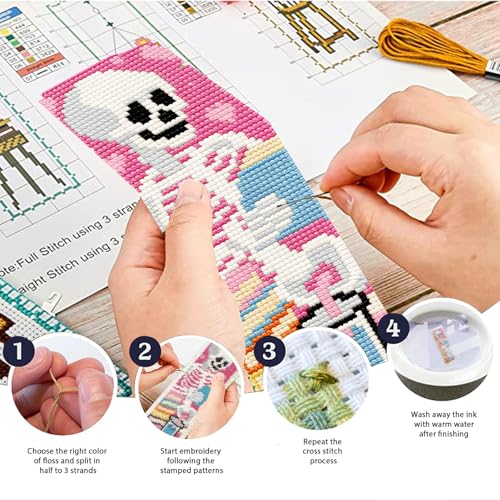 Image of ACRNIGHEET 6PCS Cross Stitch Kits Stamped Cross Stitch Bookmark Kit for Beginner Adults Skull Reading Embroidery Bookmark Kit Needlepoint Kits with Instructions Book Lovers Craft Gift 8.5''x3'' 11CT