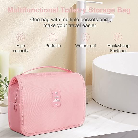 Image of CAVALO - Be Unique Nylon Polyester Large Capacity Portable Travel Toiletry Bag with Hanging Hook Waterproof Cosmetic Case Makeup Pouch Dopp Kit for Men Women with Carry Handle (Pink)