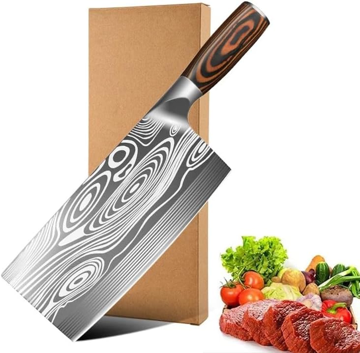 Meat Cleaver,Cleaver Knife 8 Inch Stainless Steel Kitchen Knife Heavy Duty Laser Stripe Meat Cleaver Chopper Butcher Knife For Home Kitchen And Restaurant, LAMAJIGA5844