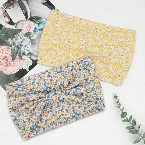 Image of MAYCREATE 2Pcs Wide Cloth Hair Bands Headband for Women Fashion Daisy Pattern Pre-Tie Head Band for Daily Yoga Sport