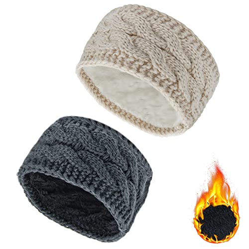 Lot de 2 bandeaux tricotés pour femme - Pour l'hiver - Épais et chaud - Cache-oreilles - Gris foncé et beige Cover