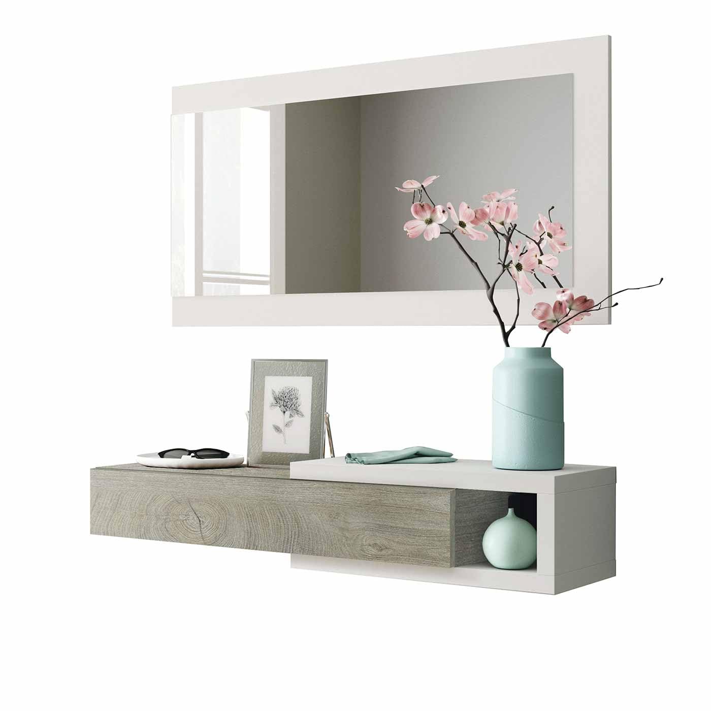 amuéblate online - Recibidor con Cajon y Espejo, Mueble de Entrada, Modelo Monza, Acabado en Blanco Artik y Roble Alaska, Medidas: 95 cm (Ancho) x 19 cm (Alto) x 26 cm (Fondo)