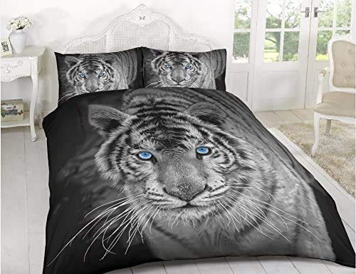 Y-H Yorkshire Homeware 3D Effect Animal Printed Luxury Soft Duvet Cover Quilt Bedding Set With Pillowcases Black White Tiger (Single)