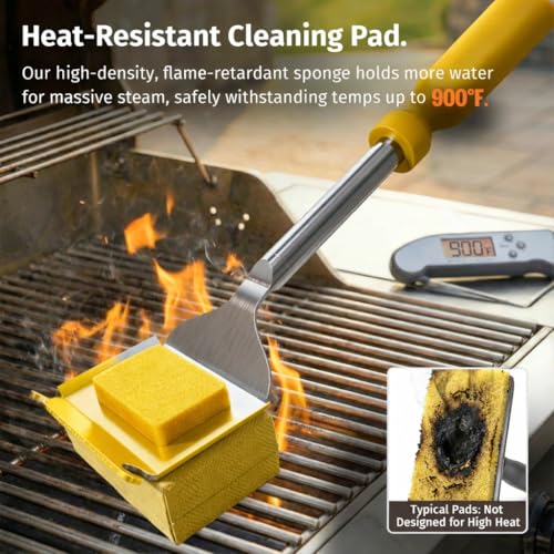 Image of East Oak Bristle-Free Grill Brush with Heat-Resistant Cleaning Pad, 17 inch Long Handle Stainless Steel BBQ Grill Cleaner, Steam Cleaning Scrubber for Round, V-Shaped and Angled Grill Grates