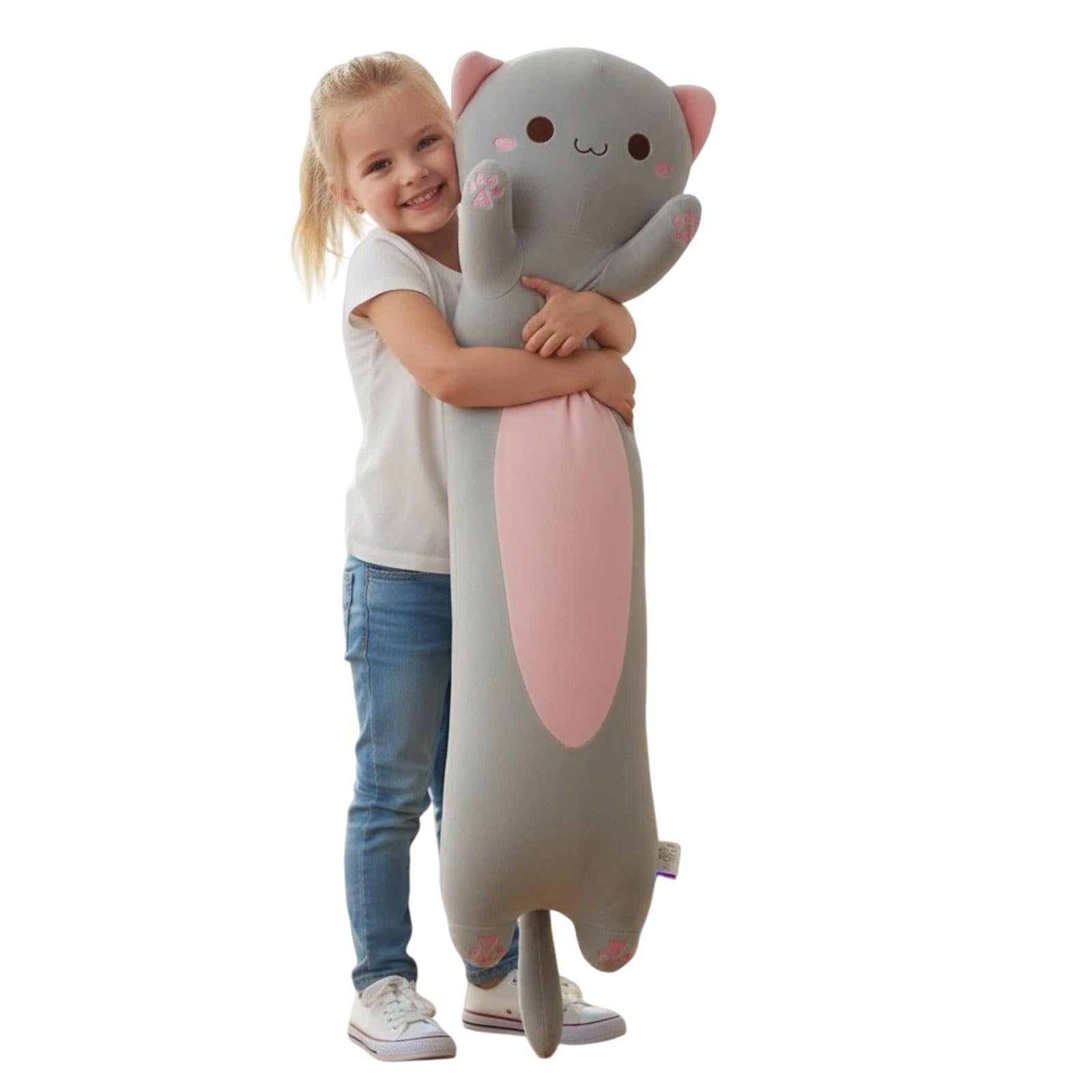 Aiuidun Long Cat Plush Pillow - 43.3 Inch Ultra Soft Stuffed Animal Body Pillow for Kids & Adults, Cute Kawaii Kitten Plushie Toy, Gift for Cat Lovers, Girlfriend, Girls Birthday (Big Eyes Gray)