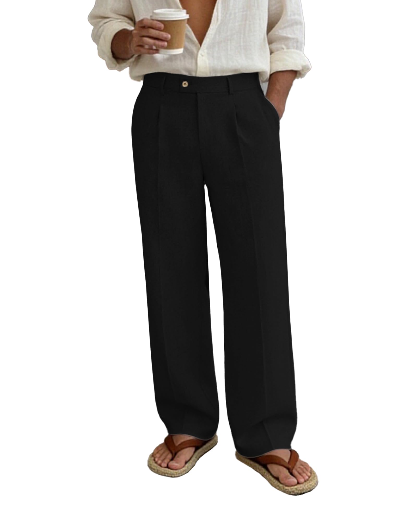Susclude Mens Linen Casual Dress Pants Old Money Wide Leg Baggy Pleated Slacks Elastic Waist Work Vacation Trousers