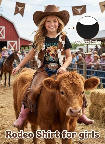 Image of Girls Western Cow T-Shirts - Cute Cowgirl Outfits for Kids Short Sleeve Shirts Funny Tops Rodeo Graphic Summer Tee