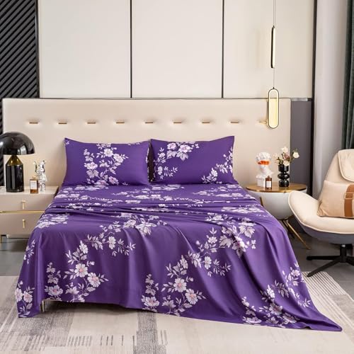 Bedlifes King Size Extra Deep Pocket Sheet Sets - Fits Mattresses Up to 18-24" Thick, 4-Piece Microfiber Set with 1800 Thread Count, Soft, Smooth, Breathable, Featuring Dark Purple Floral