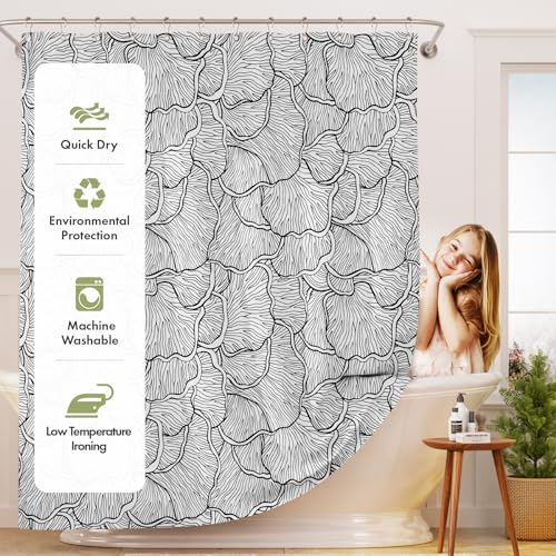 Image of AmazerBath Black and White Shower Curtain, Bathroom Shower Curtain with 12 Shower Curtain Hooks, Rustic Fabric Black and White Shower Curtain Set, 72x72 Inches