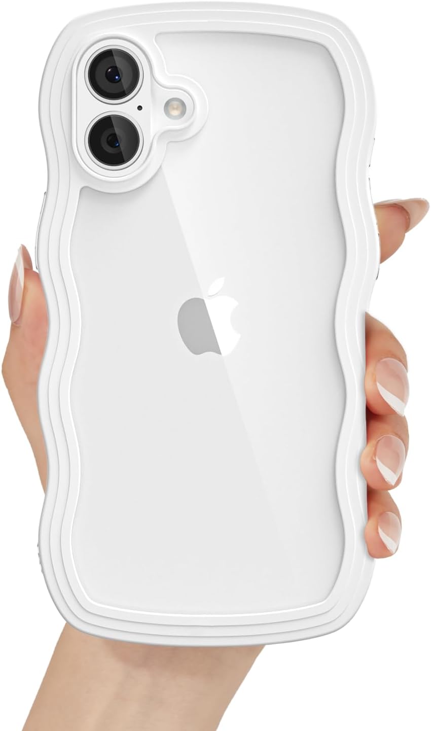 for iPhone 16 Plus Case Clear Wavy, Girly Cute Thin Slim Transparent Acrylic Hard Shell Plastic & Soft Silicone Wave Frame Bumper, Y2k Aesthetic Curly Phone Case for Women Girls, White