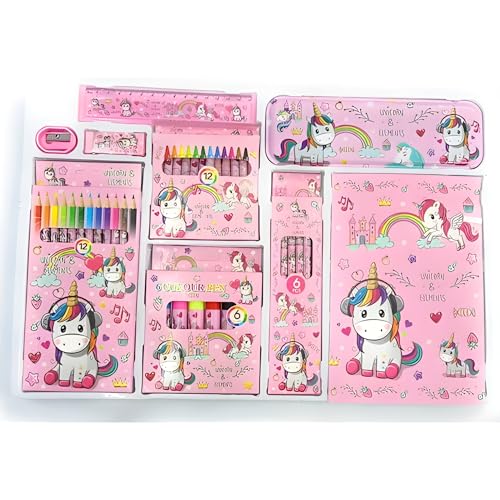 Image of WISHKEY 41 Pieces Unicorn Theme All-in-One Stationery Set, Stationery Items with Pencil Box, Notebook, Scale, Eraser, Sharpener, Crayons, Color Pencils, Color Pens, Pencils for Kids (Pink, 6+ Years)