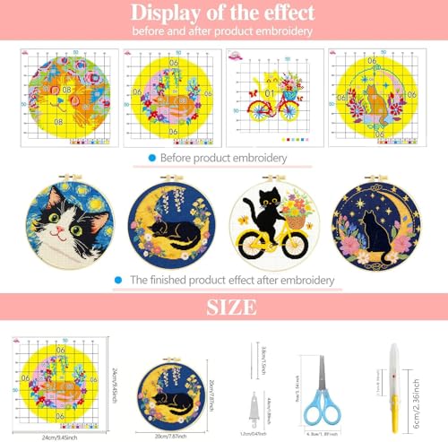 Image of Zhenqing Cat Stamped Cross Stitch Kits for Adults Beginners, DIY Animals Cross Stitch Patterns Kits Printed Needlepoint Kits,Crafts Embroidery Kits for Home Decor-Cat-Themed 4-Piece Set(69207)