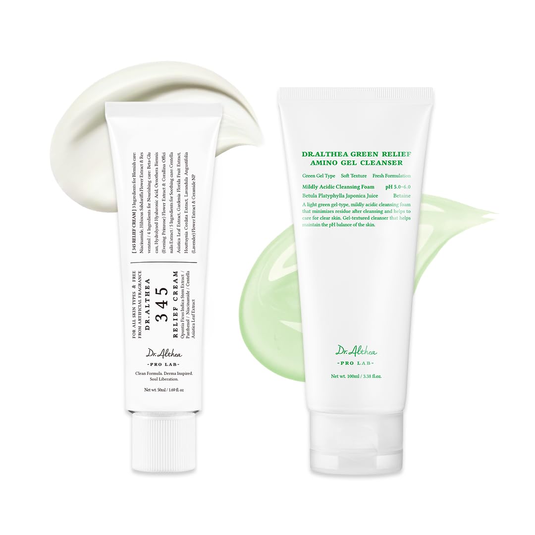 Dr.Althea Cleanser & Hydration Set | 345 Relief Cream & Green Relief Amino Gel Cleanser | Soothing Recovery, Deep Hydration & Cleansing, For All Skin Types, Vegan Korean Skincare