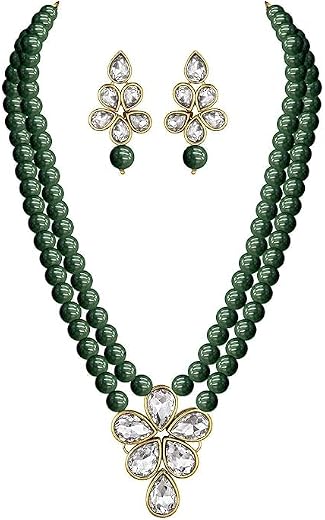 Peora Crystal Faux Pearl Kundan Necklace &amp; Jewellery Set Gift for Women