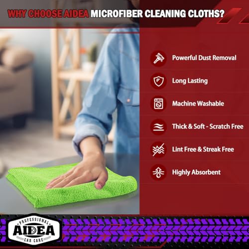 Image of AIDEA Microfiber Cleaning Cloth, 10PK, Microfiber Towels for Cars, Premium All Purpose Car Cloths, Dusting Cloth Cleaning Rags, Absorbent Towels for SUVs, House, Kitchen, Window, 12 inchx12 inch, Green