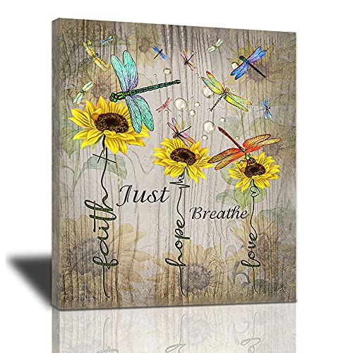 Bulldog Leather Works Sunflowers Dragonflies Decor Canvas Wall Art Just Breathe Inspirational Quotes Wall Decor Vintage Wood Farmhouse Floral Painting Artwork Modern 16 x 20 in