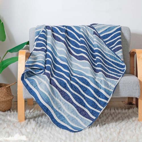 SLPR Blue Wave 50' x 60' Quilted Throw Blanket, Coastal Beach House Throw Quilt for Couch and Bed with Nautical Wave Design, Summer Ocean Lap Quilt with Beachy Theme
