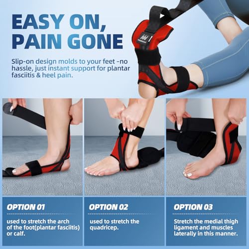 Image of comness Foot and Calf Stretcher Stretching Strap For Plantar Fasciitis, Heel Spurs, Foot Drop, Achilles Tendonitis & Hamstring. Yoga & Leg Stretch Strap. (Red)