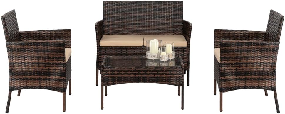Patio Furniture Sets of 4, PE Rattan Conversation Furniture Set w/2pcs Arm Chairs 1pc Love Seat & Tempered Glass Coffee Table, Rattan Sofa Conversation Sets for Garden Backyard, Patio, Poolside.