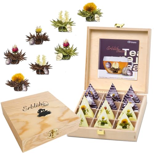 Creano Teelini Teeblumen im Tassenformat, Geschenkset in Teekiste aus Holz, 12 Erblühteelini in 8 Sorten - Weißer Tee & Schwarzer Tee