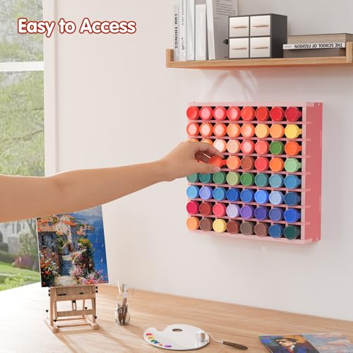 Image of Krafetto 64 Grids Craft Paint Storage Organizer, Wall-mountable Paints Holder, Stackable Paint Bottle Rack Stand for 2oz Craft Paints, Pink